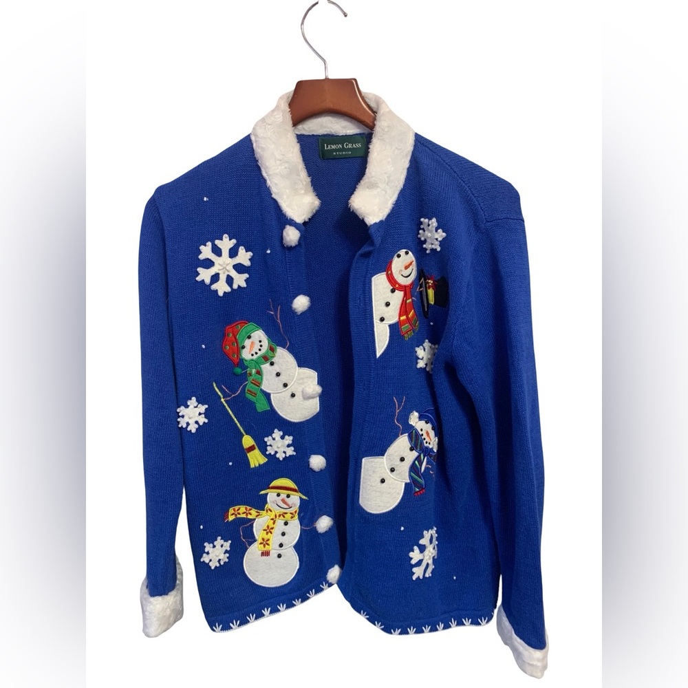 Lemon Grass Cotton Blend Size M Snowman Cardigan Vintage Blue & White‎